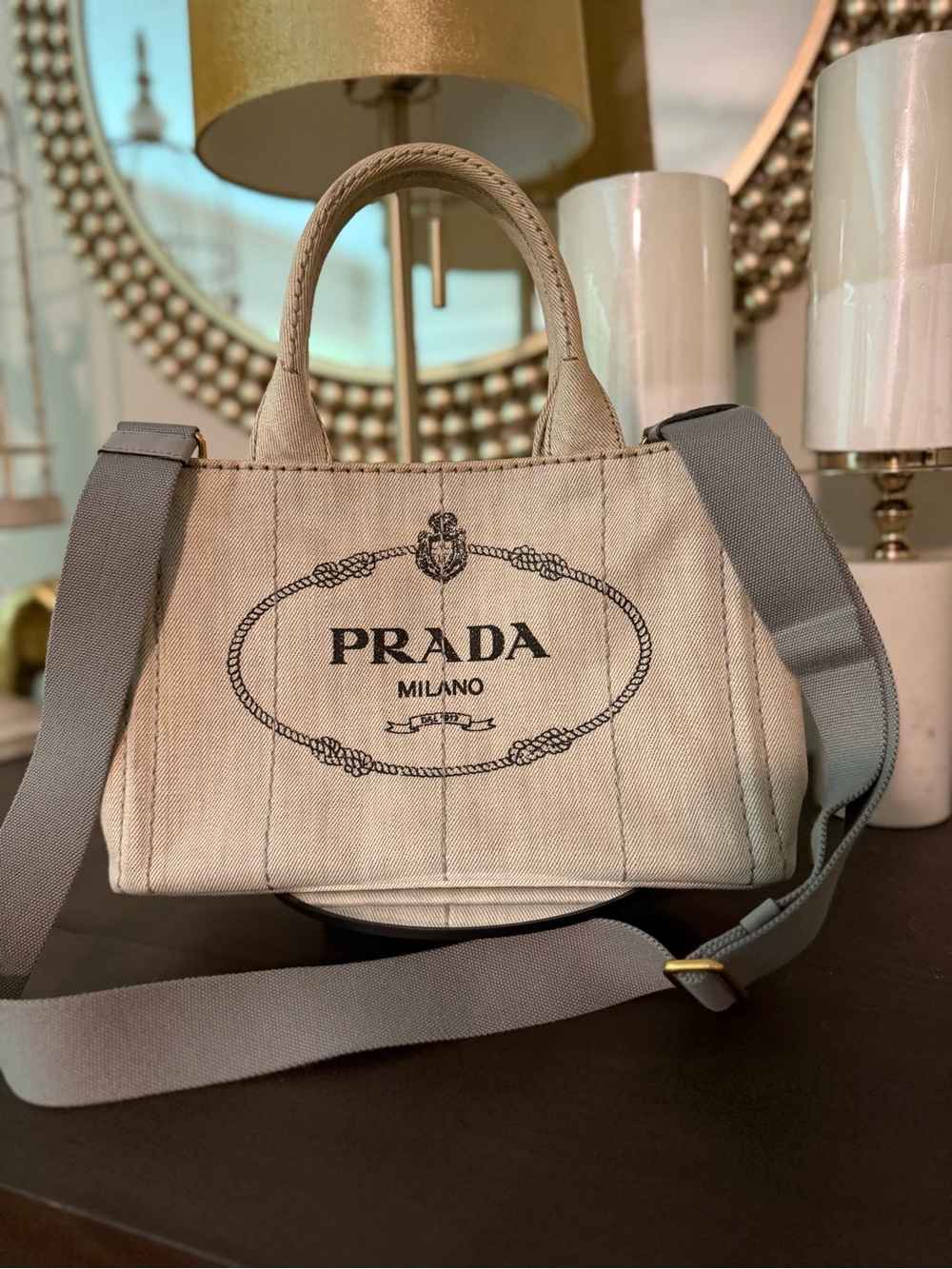 Prada Beige Canvas Tote with Gray Strap